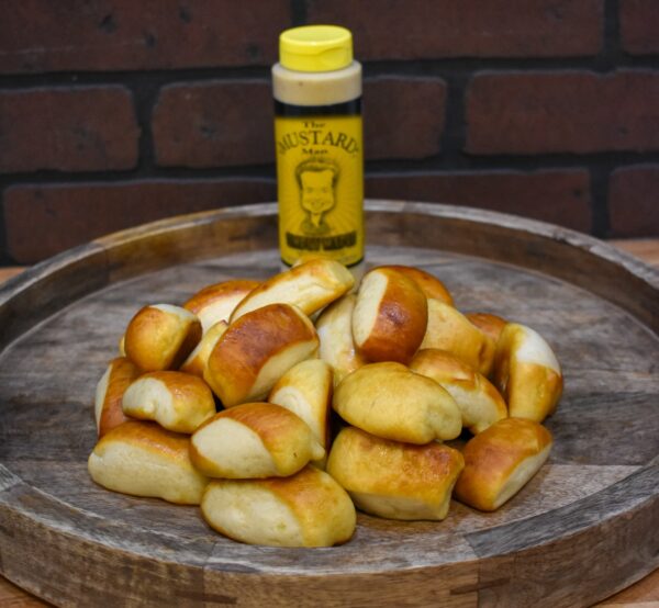 One and a half pound platter of soft pretzel nuggets with mustard from Campbell Creek Pretzels.