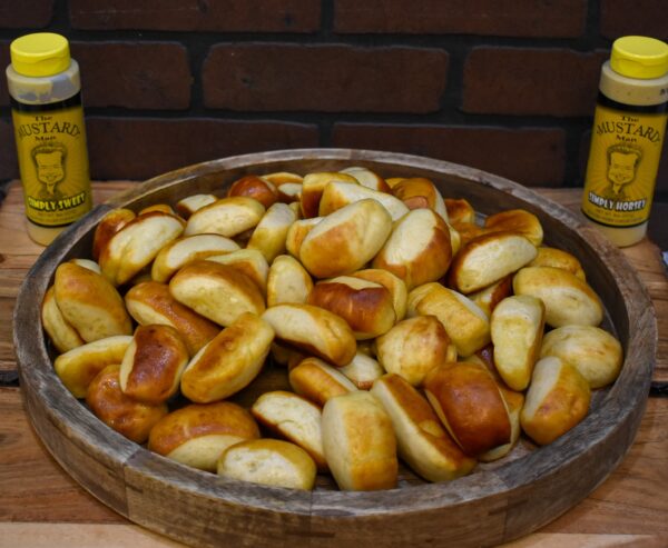 Three pound platter of soft pretzel nuggets with two bottles of mustard from Campbell Creek Pretzels.