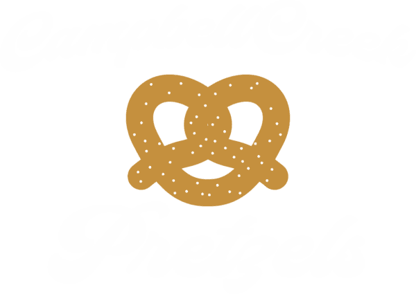 Campbell Creek Pretzels logo with white text and a pretzel icon.